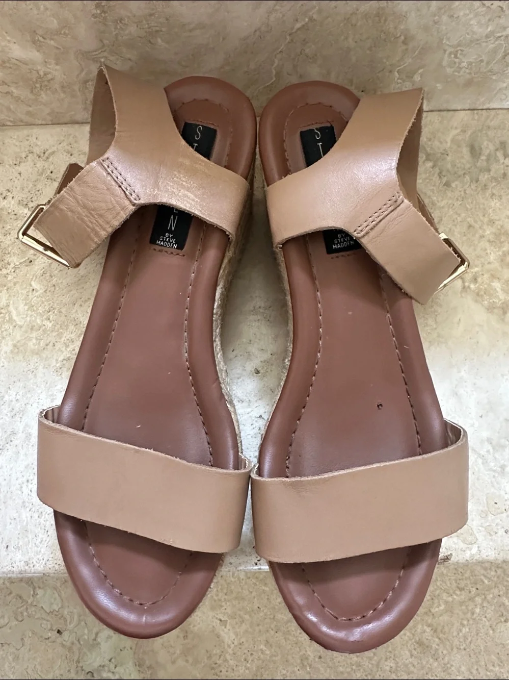 STEVEN by Steve Madden SABBIE Tan Leather Espadrille Platform Wedge Sandals